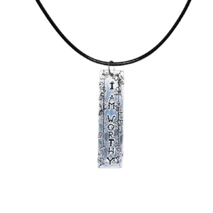 Handmade stamped motivation floral silver rectangle black leather cord‎ necklace